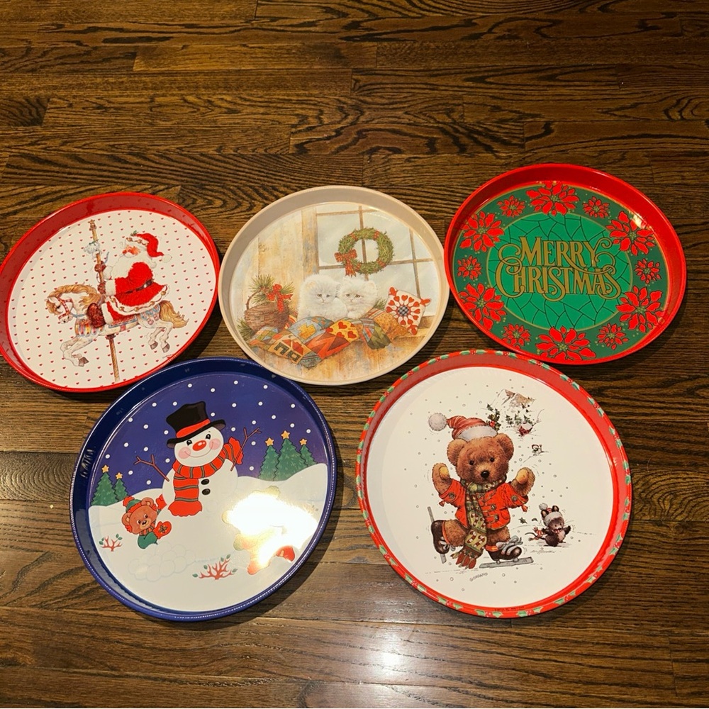 Lot of 5 Vintage 13" Round Tin Christmas  Serving Trays various festive designs